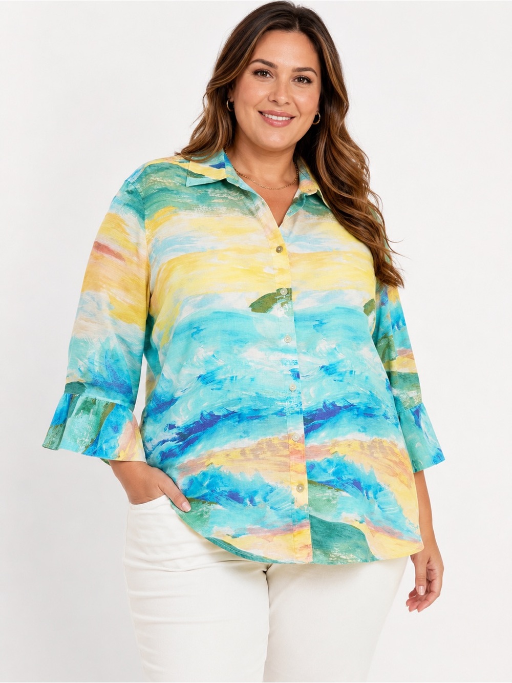 Chico's 100% Linen Multicolor Watercolor Button-Down Shirt 16
